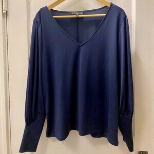 ELOQUII Navy V-Neck Dramatic Long Sleeve Blouse | Size 14/16
